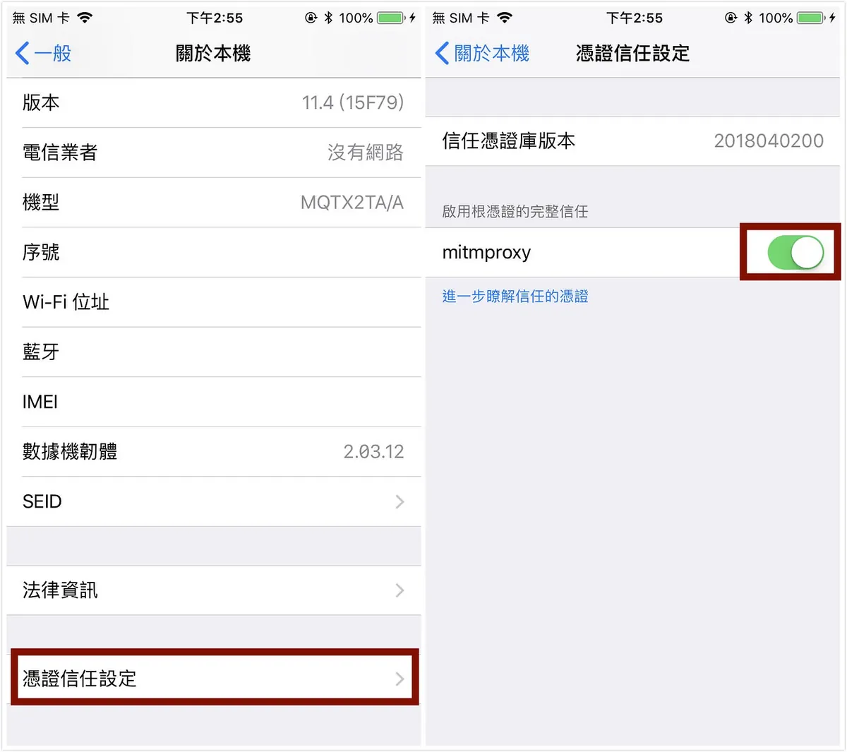 「一般」->「关于」->「凭证信任设定」->「mitmproxy」启用