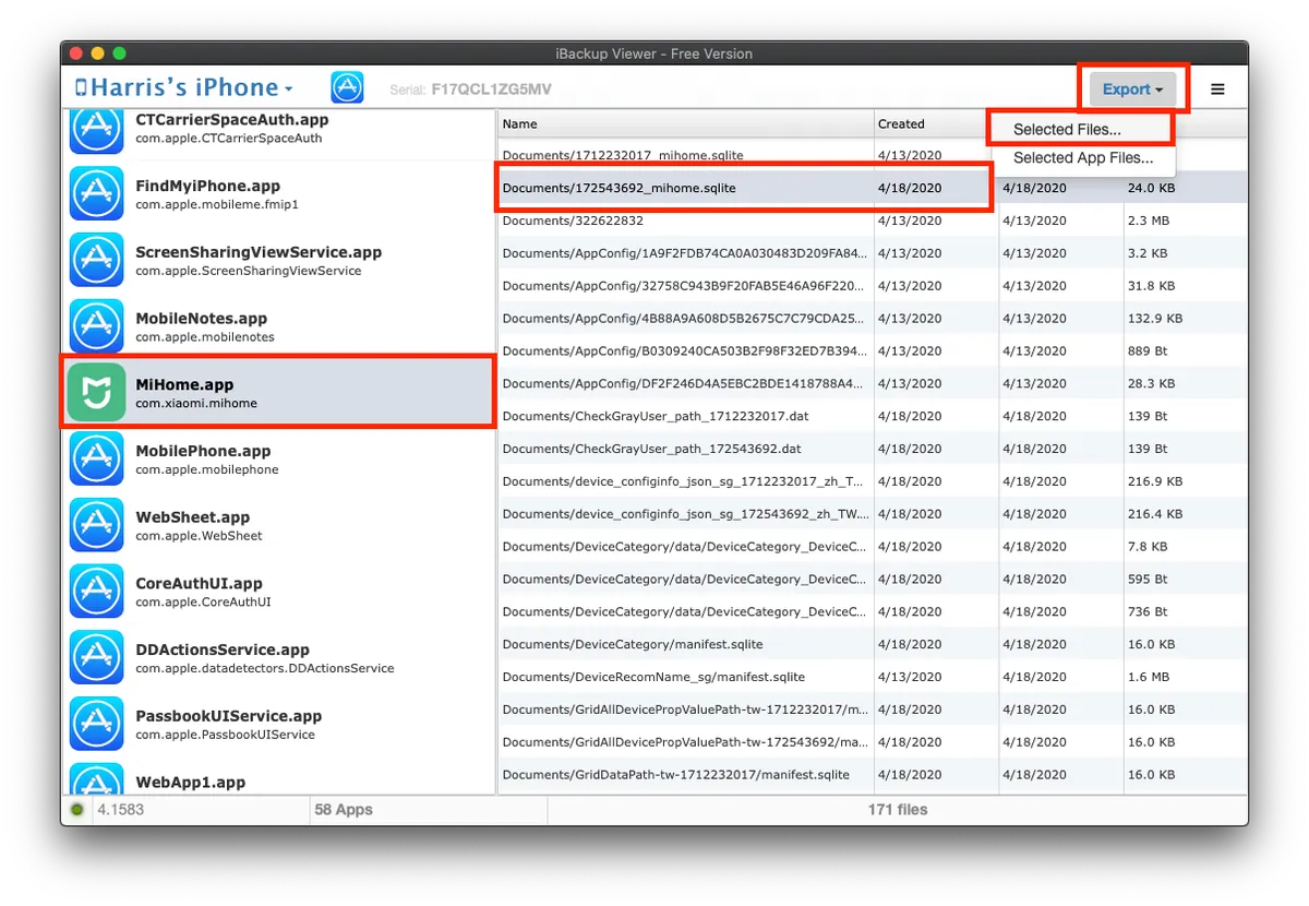 On the left, find "MiHome APP (MiHome.app)" -> On the right, find the "**number_mihome.sqlite**" file and "**select**" it -> Top right corner "**Export**" -> "**Selected Files**"