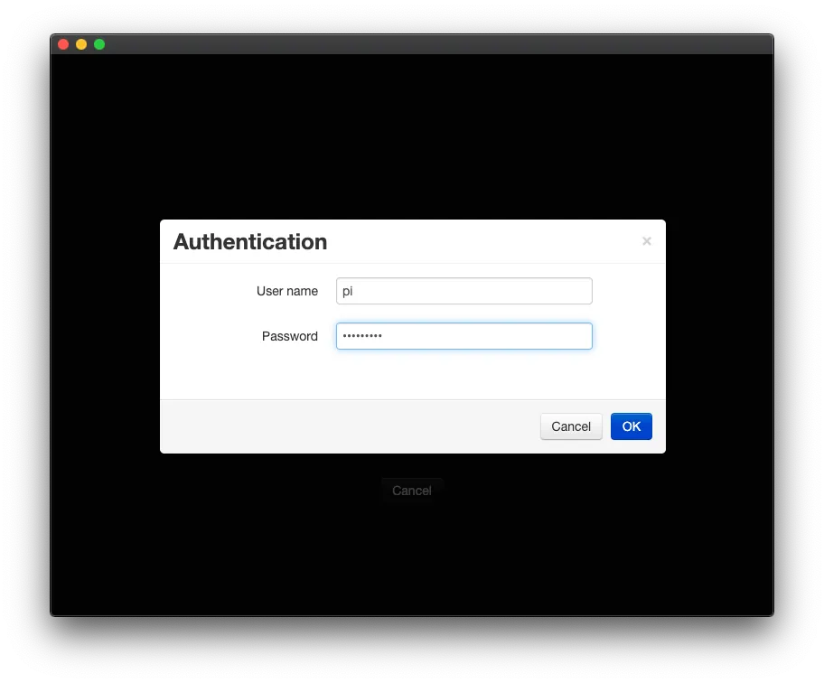 **Enter login username and password**, same as SSH connection, username `pi` default password `raspberry`.