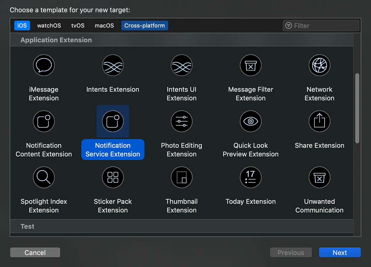 **Step 2.** iOS -> Notification Service Extension -> Next