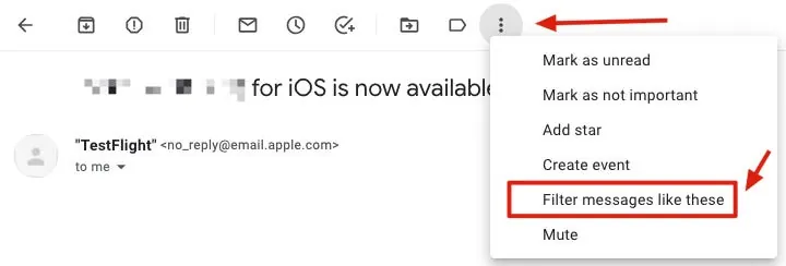 或直接在信件裡上方點 Filter message like these 就能快速建立篩選條件